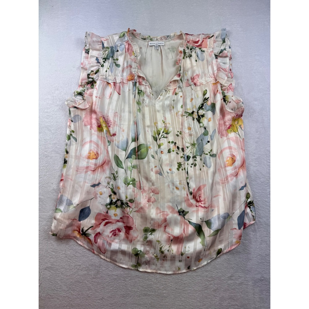 Maison d'Amélie Paris Floral Satin Stripe Ruffle Blouse Pink 1X Sleeveless Top